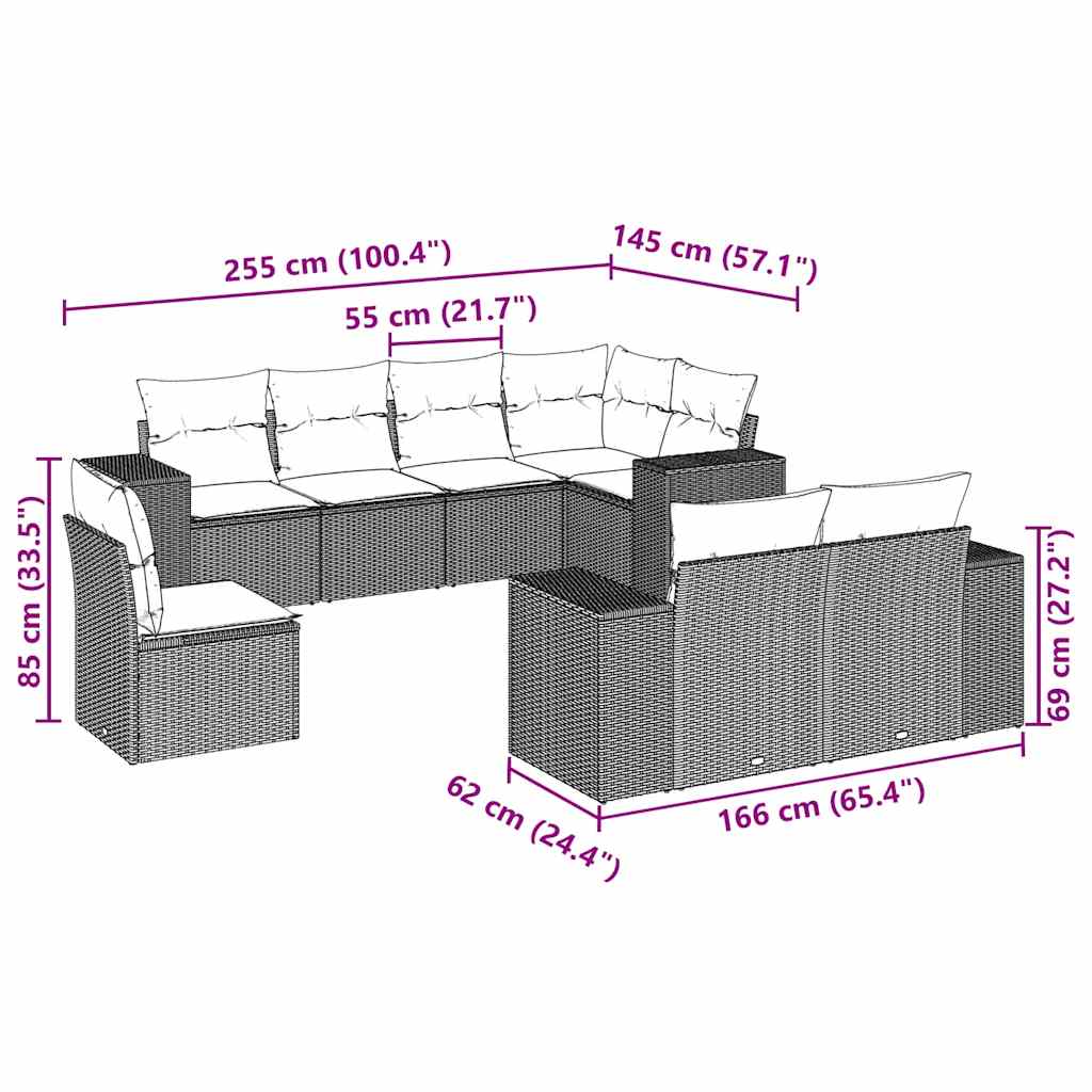 8-tlg. Garten-Sofagarnitur mit Kissen Hellgrau Poly Rattan