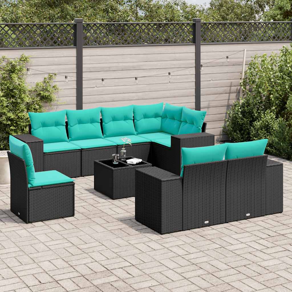 9-teiliges Gartensofa-Set mit Kissen, schwarzes Polyrattan