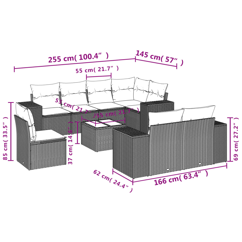 9-teiliges Gartensofa-Set mit Kissen, braun, Polyrattan