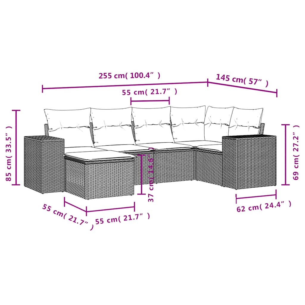 6-tlg. Garten-Sofagarnitur mit Kissen Braun Poly Rattan