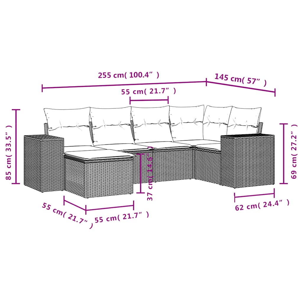 6-teiliges Gartensofa-Set mit Kissen, braun, Polyrattan