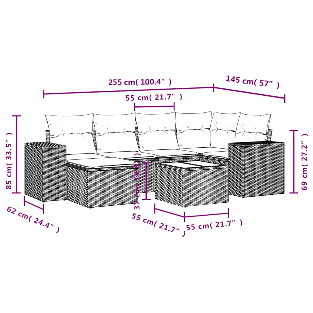 7-teiliges Gartensofa-Set mit Kissen, schwarzes Polyrattan