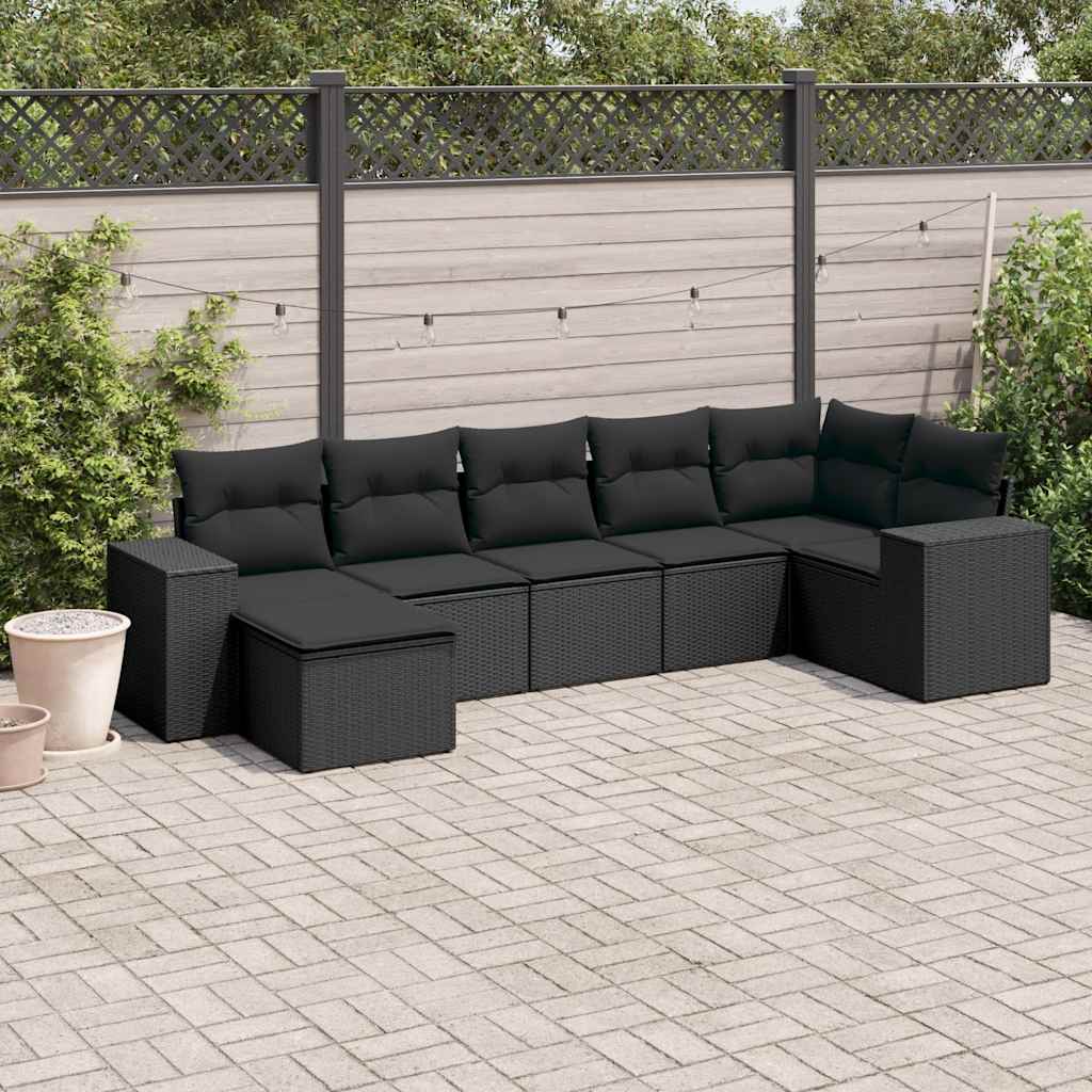 7-tlg. Garten-Sofagarnitur mit Kissen Schwarz Poly Rattan