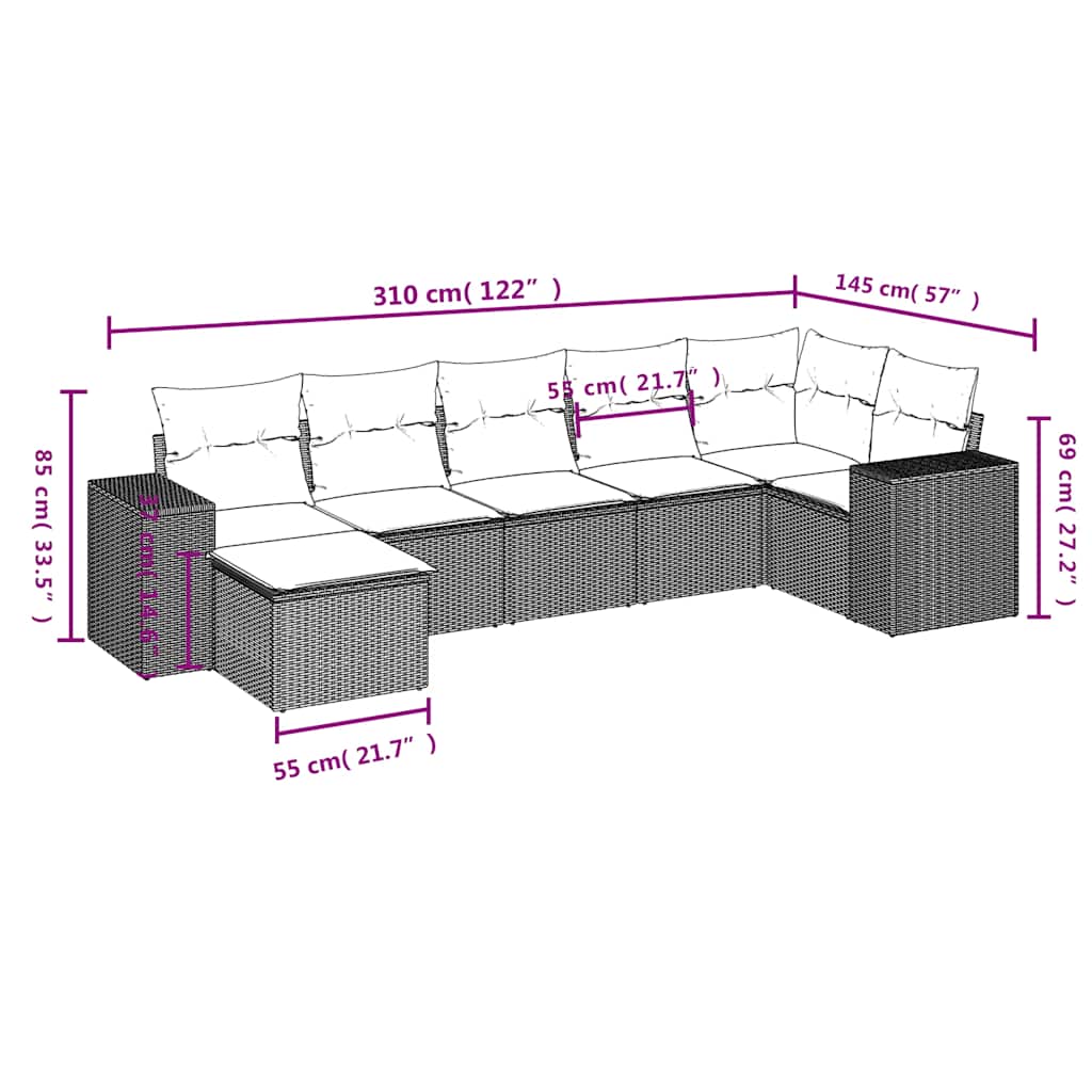 7-teiliges Gartensofa-Set mit Kissen, grau, Polyrattan