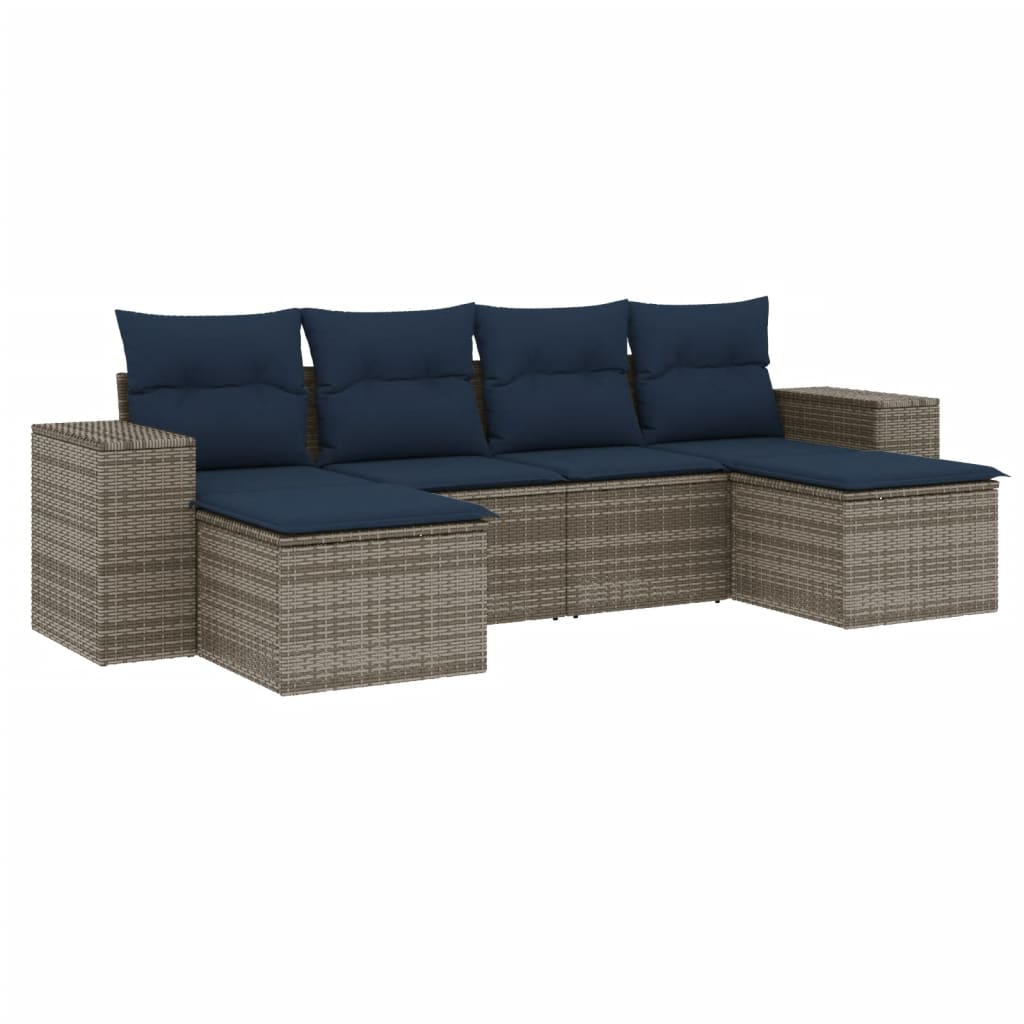 6-teiliges Gartensofa-Set mit Kissen, grau, Polyrattan