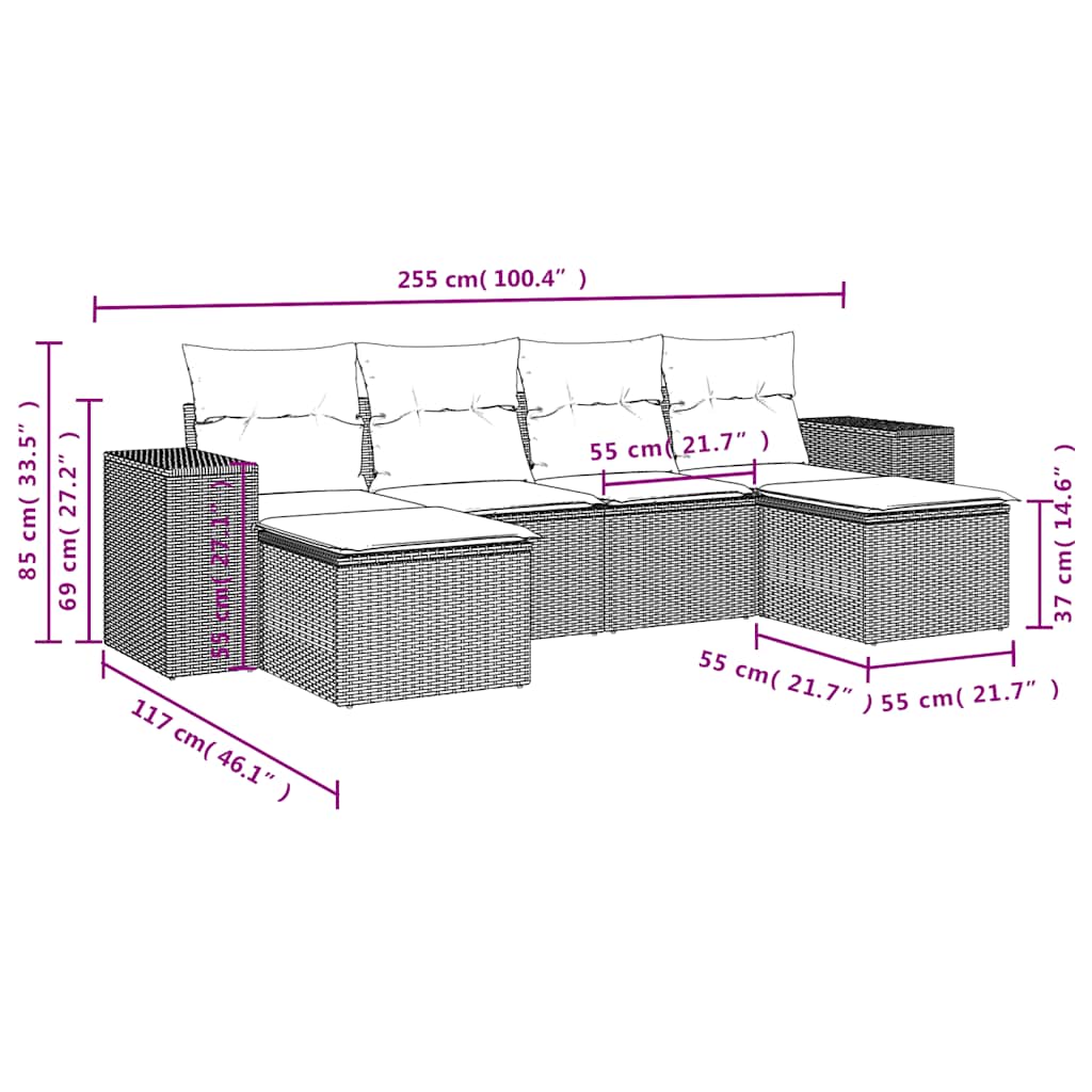 6-teiliges Gartensofa-Set mit Kissen, braun, Polyrattan