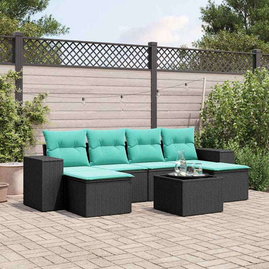 7-teiliges Gartensofa-Set mit Kissen, schwarzes Polyrattan