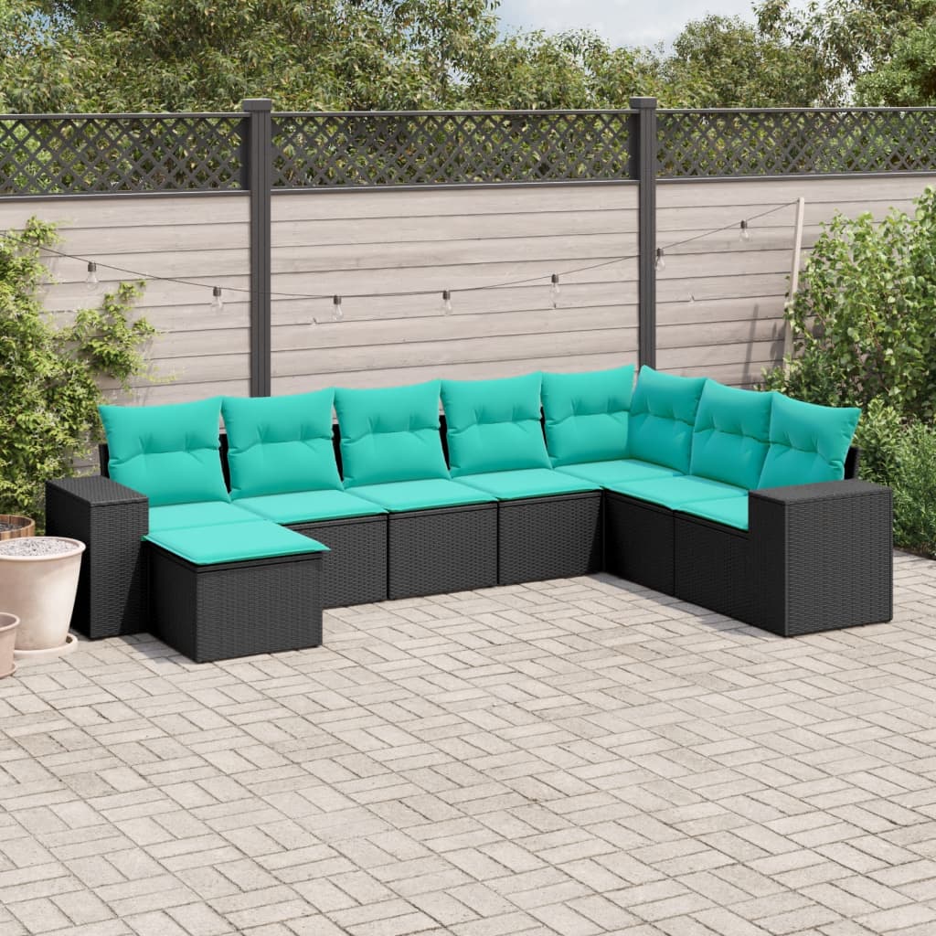 8-teiliges Gartensofa-Set mit Kissen, schwarzes Polyrattan