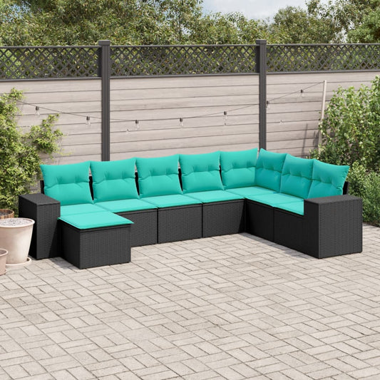 8-teiliges Gartensofa-Set mit Kissen, schwarzes Polyrattan