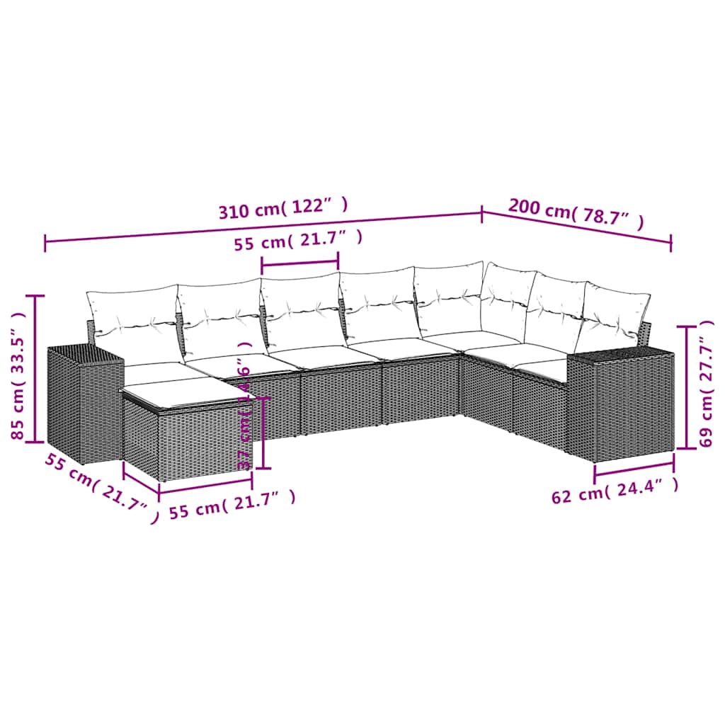 8-teiliges Gartensofa-Set mit Kissen, grau, Polyrattan