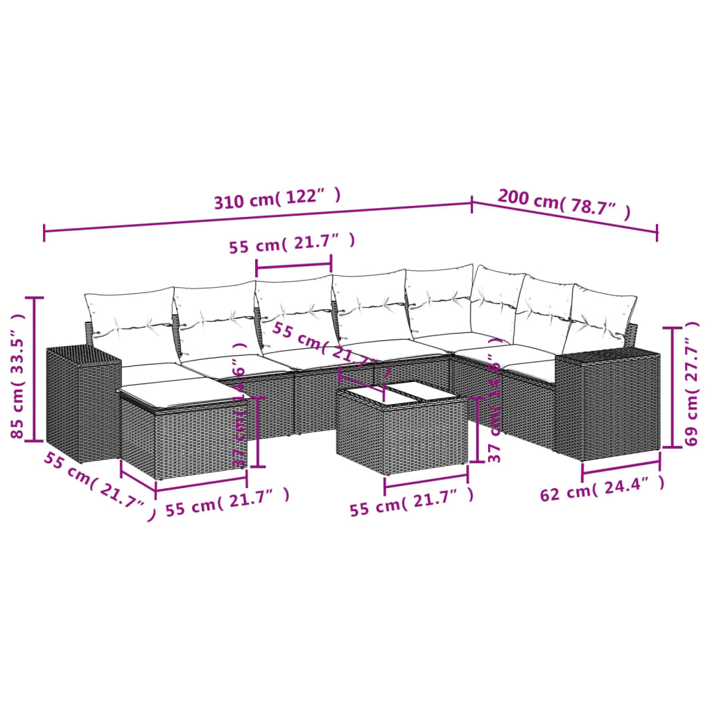 9-teiliges Gartensofa-Set mit Kissen, braun, Polyrattan