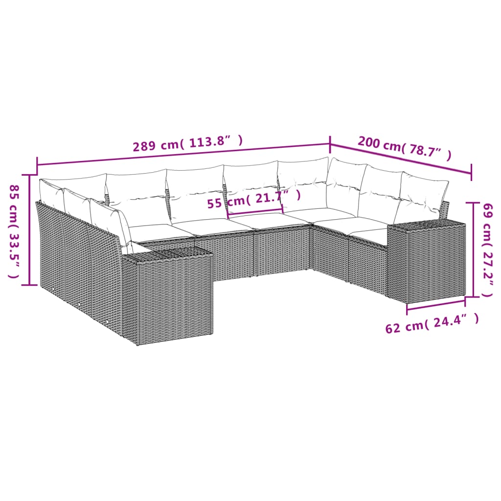 9-teiliges Gartensofa-Set mit Kissen, schwarzes Polyrattan