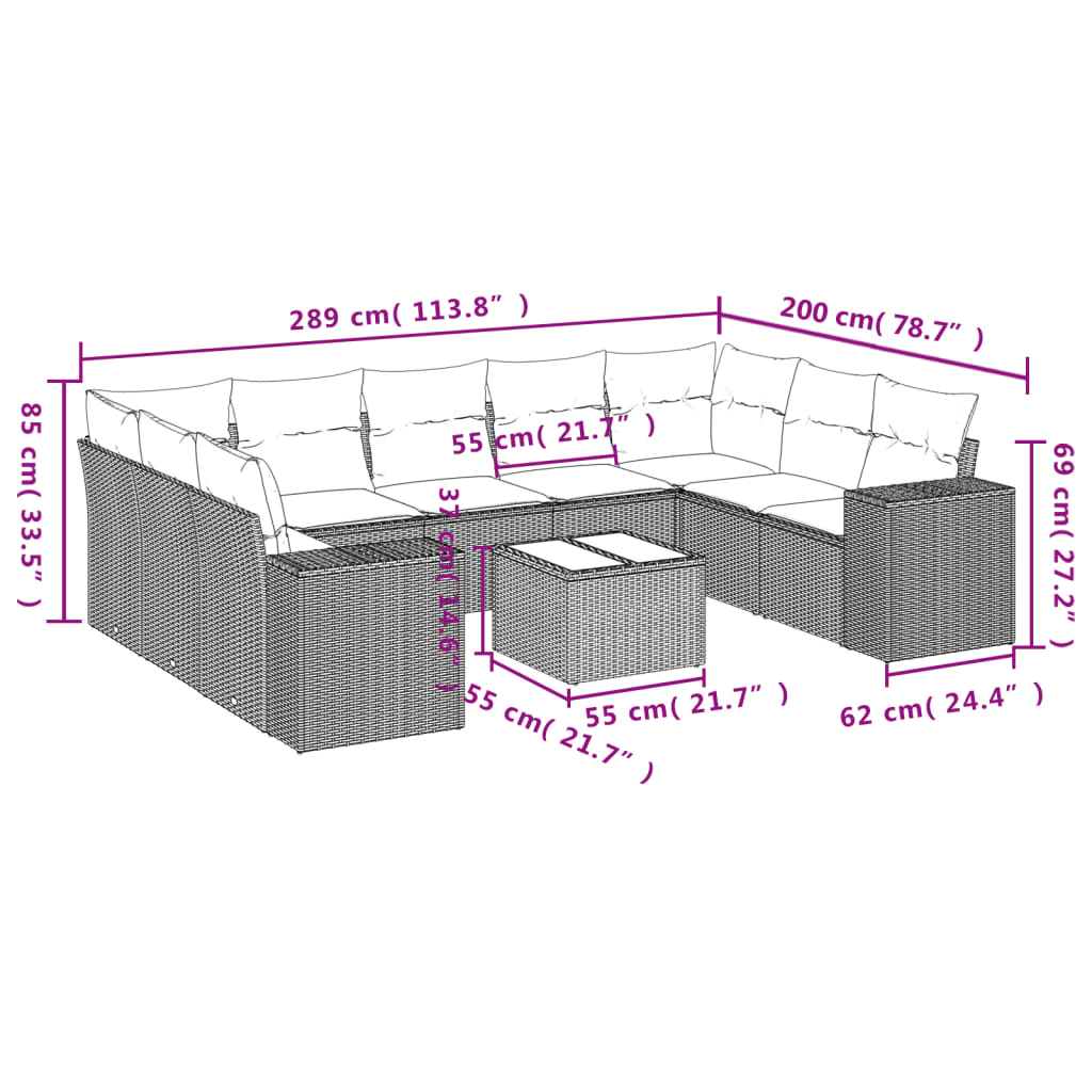 10-teiliges Gartensofa-Set mit Kissen, grau, Polyrattan
