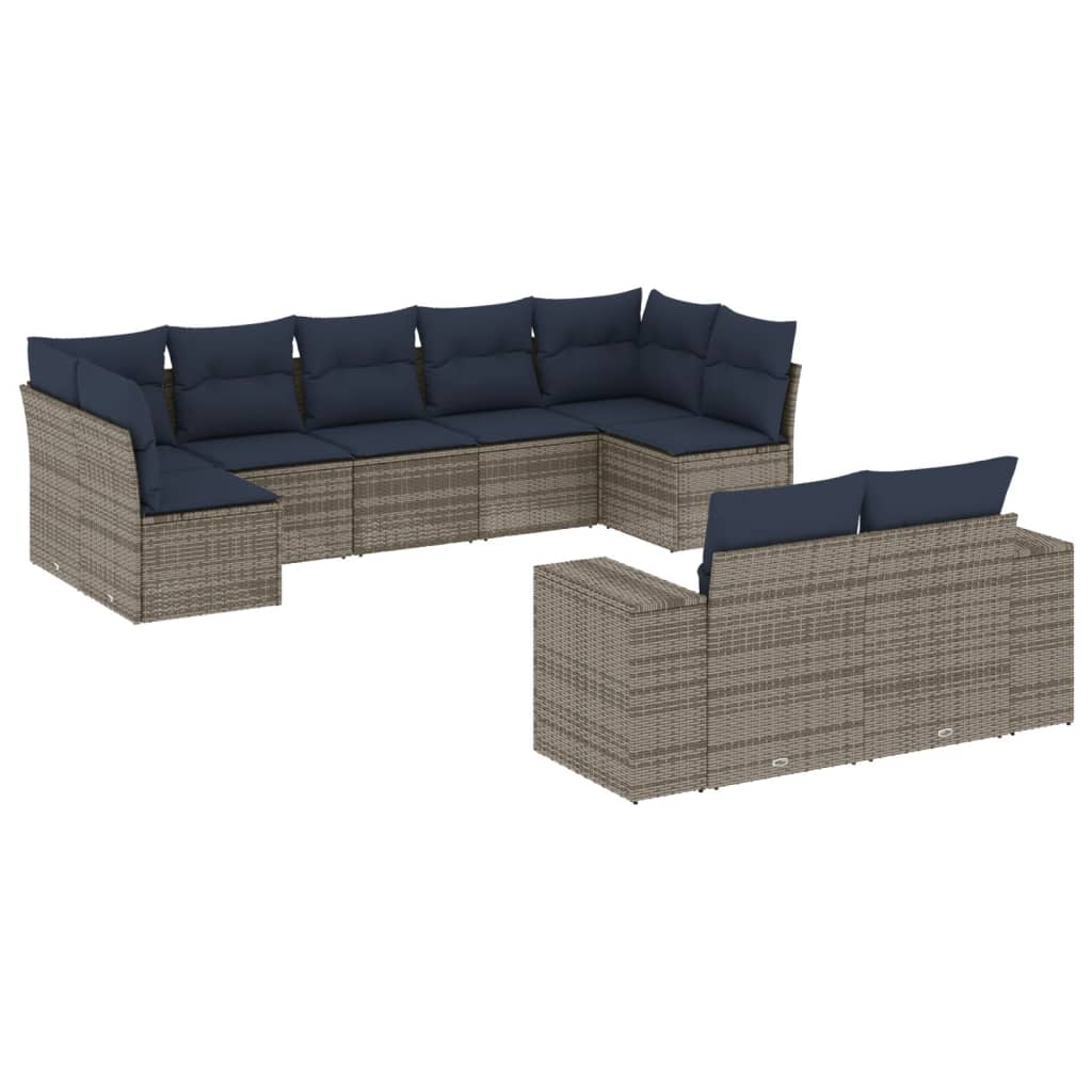 9-teiliges Gartensofa-Set mit Kissen, grau, Polyrattan