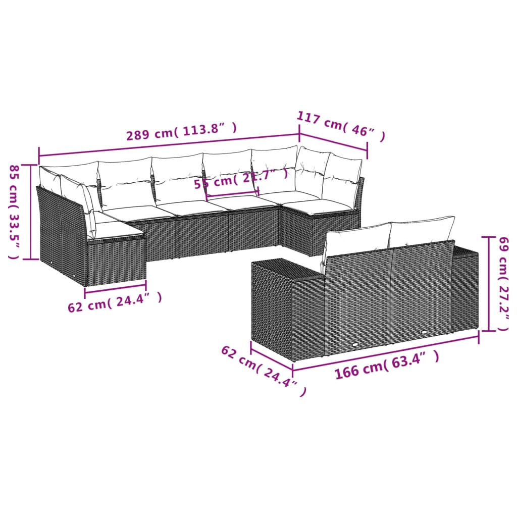 9-teiliges Gartensofa-Set mit Kissen, grau, Polyrattan