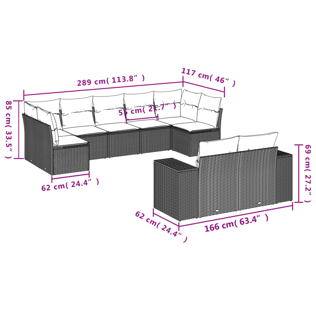 9-teiliges Gartensofa-Set mit Kissen, braun, Polyrattan