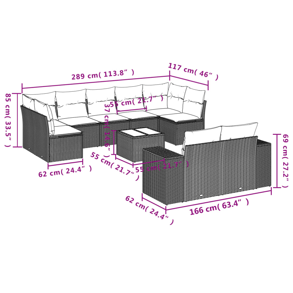 10-teiliges Gartensofa-Set mit Kissen, grau, Polyrattan