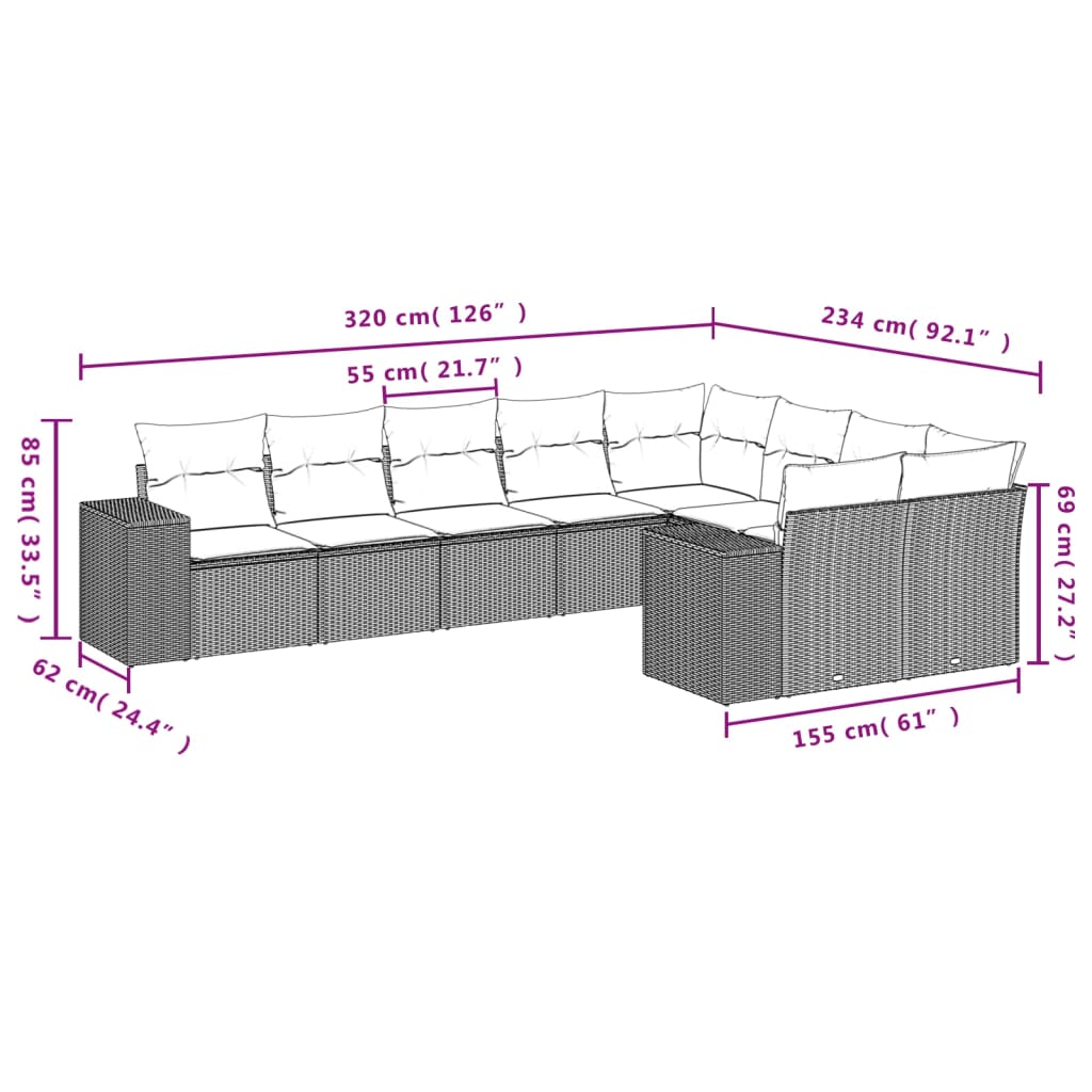 9-tlg. Garten-Sofagarnitur mit Kissen Grau Poly Rattan