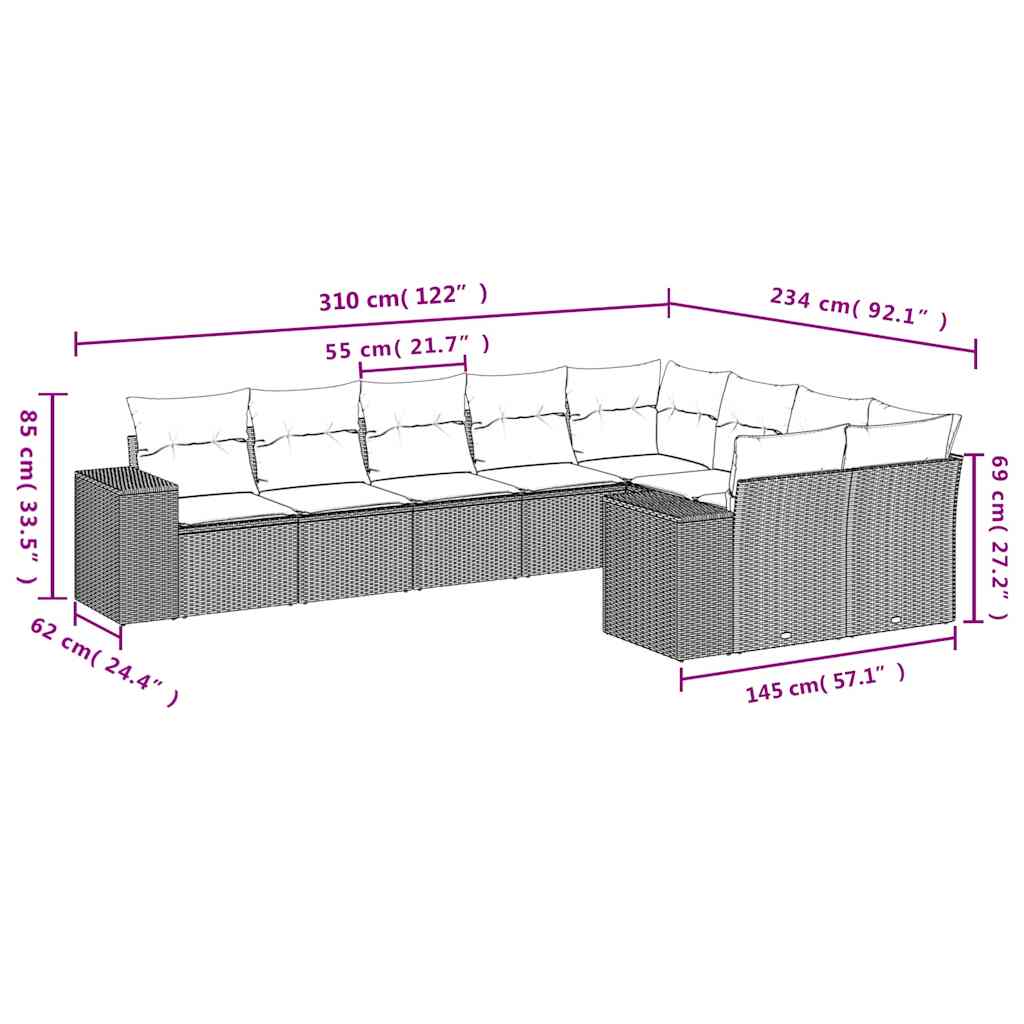 9-tlg. Garten-Sofagarnitur mit Kissen Hellgrau Poly Rattan