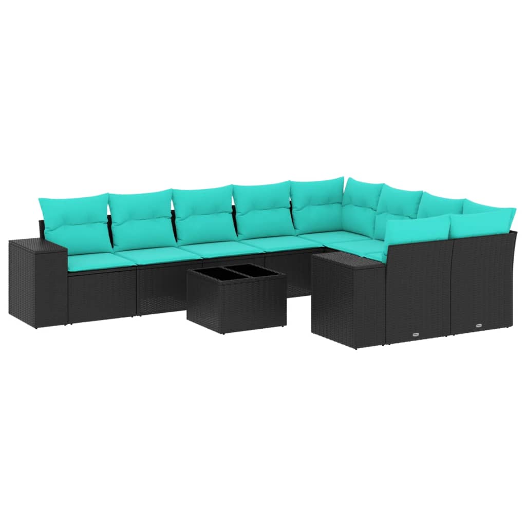 10-teiliges Gartensofa-Set mit Kissen, schwarzes Polyrattan