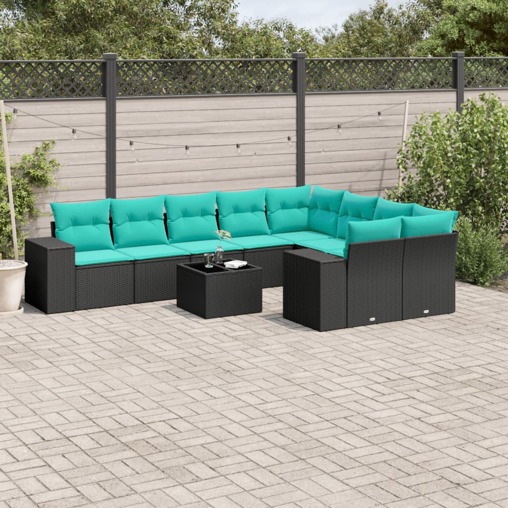 10-teiliges Gartensofa-Set mit Kissen, schwarzes Polyrattan