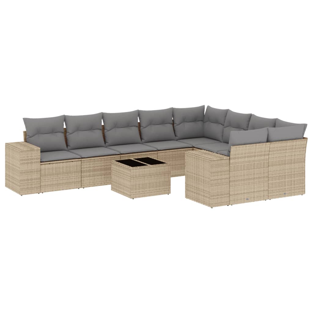 10-tlg. Garten-Sofagarnitur mit Kissen Beige Poly Rattan