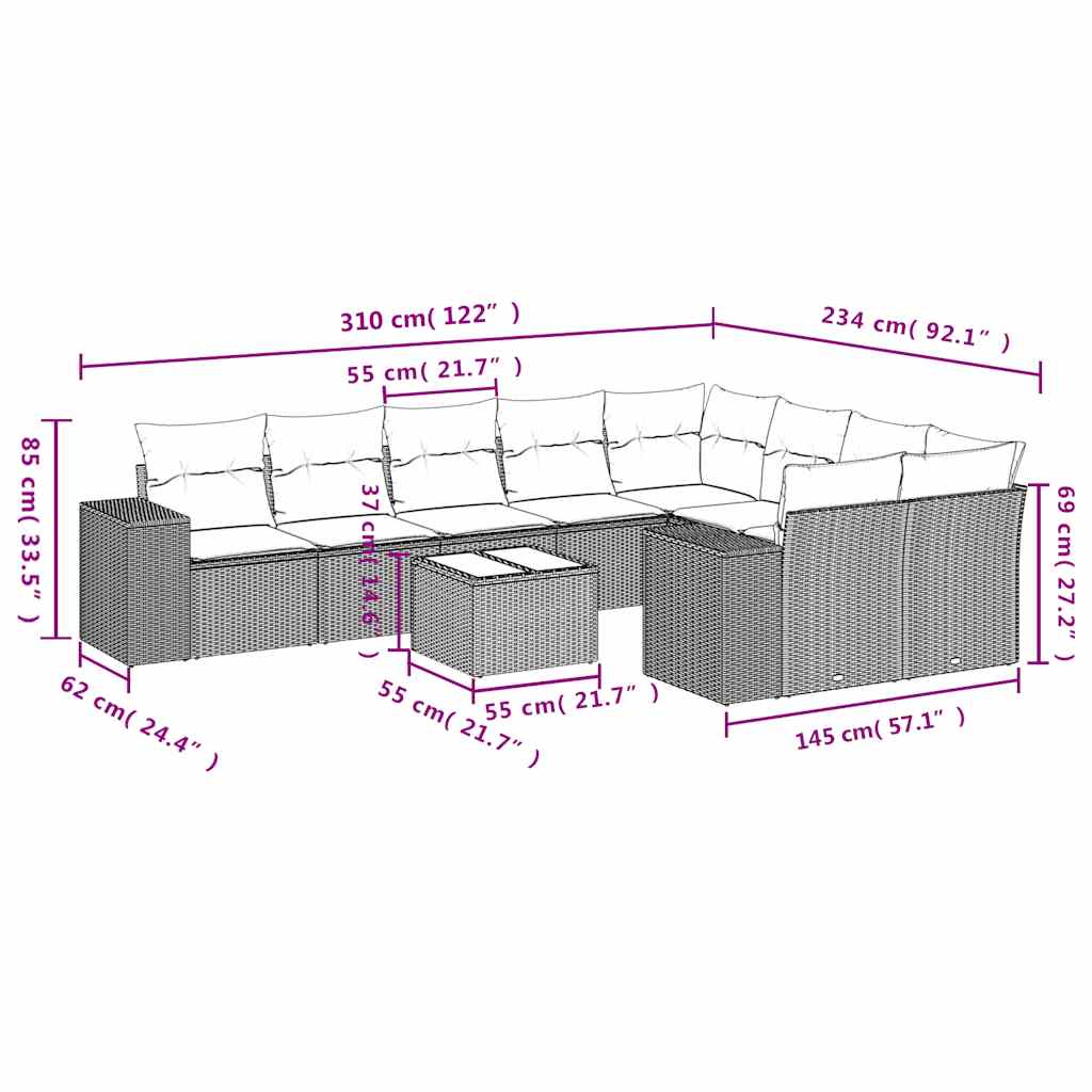 10-tlg. Garten-Sofagarnitur mit Kissen Hellgrau Poly Rattan
