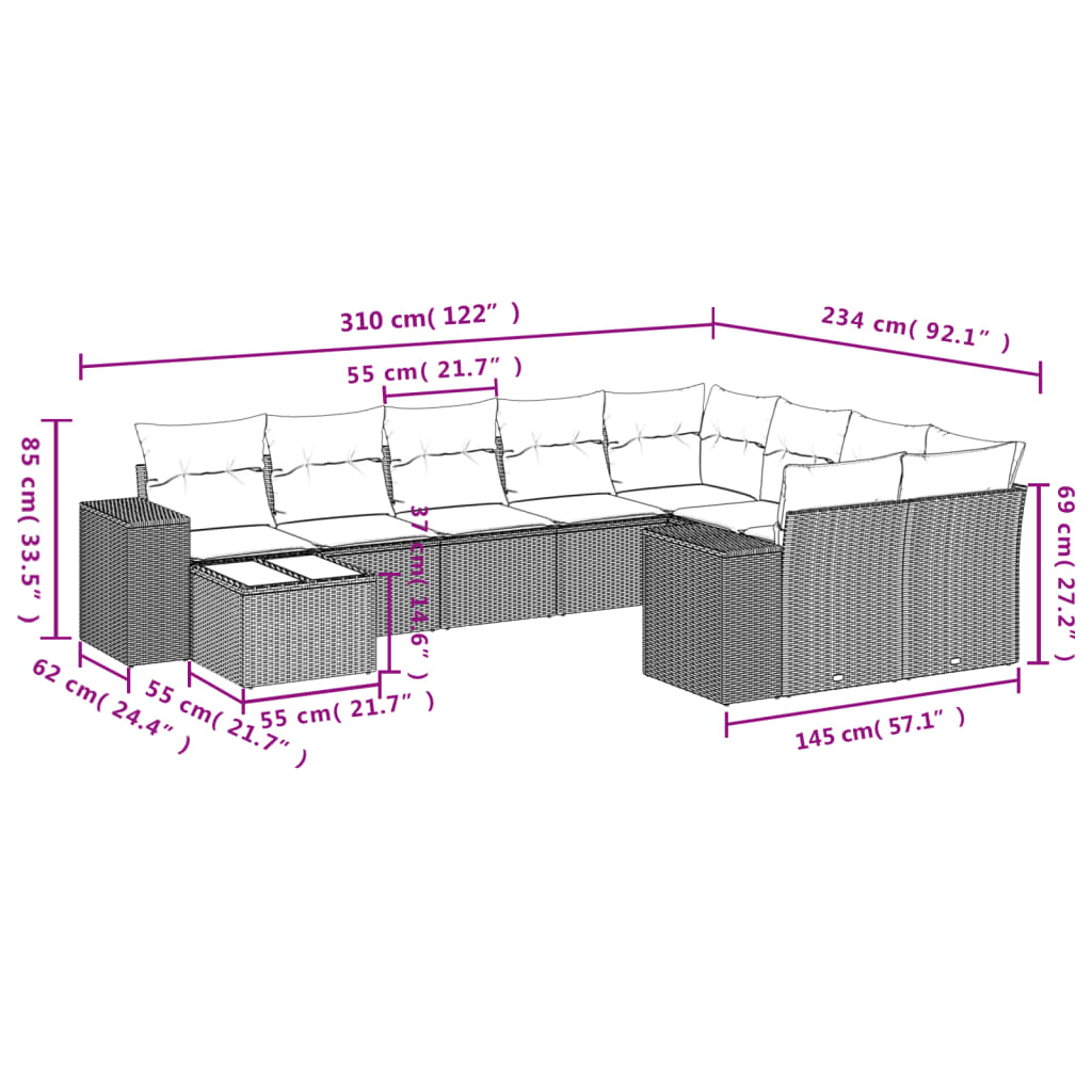10-teiliges Gartensofa-Set mit Kissen, schwarzes Polyrattan