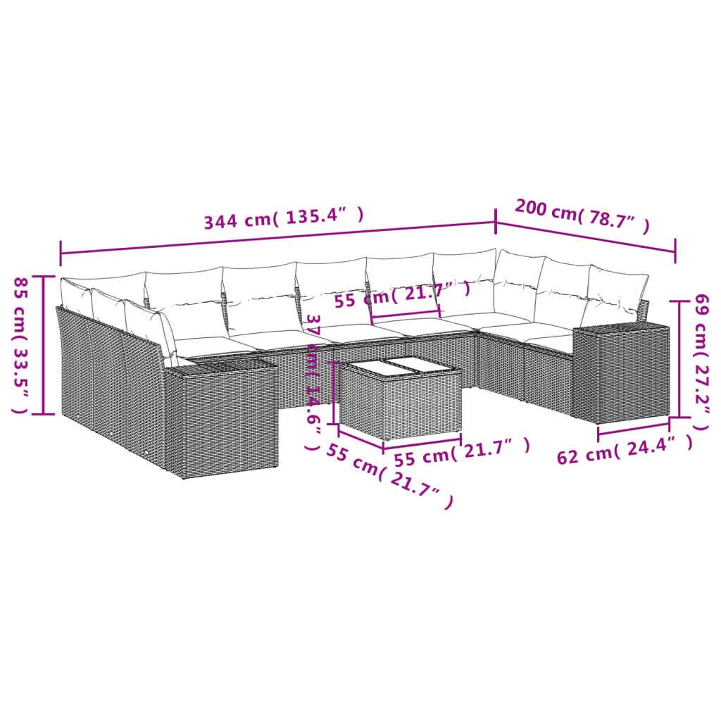 11-teiliges Gartensofa-Set mit Kissen, braun, Polyrattan