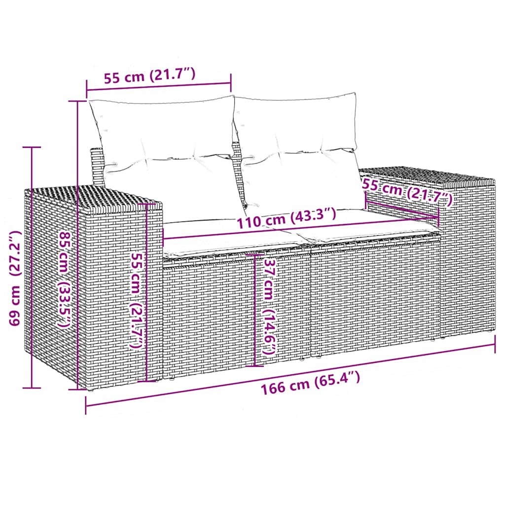 11-teiliges Gartensofa-Set mit Kissen, schwarzes Polyrattan