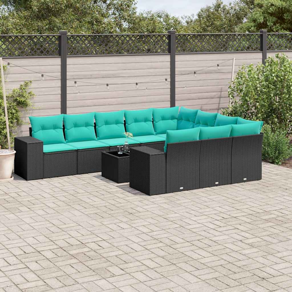 11-teiliges Gartensofa-Set mit Kissen, schwarzes Polyrattan