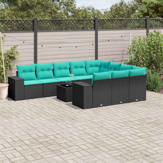 11-teiliges Gartensofa-Set mit Kissen, schwarzes Polyrattan