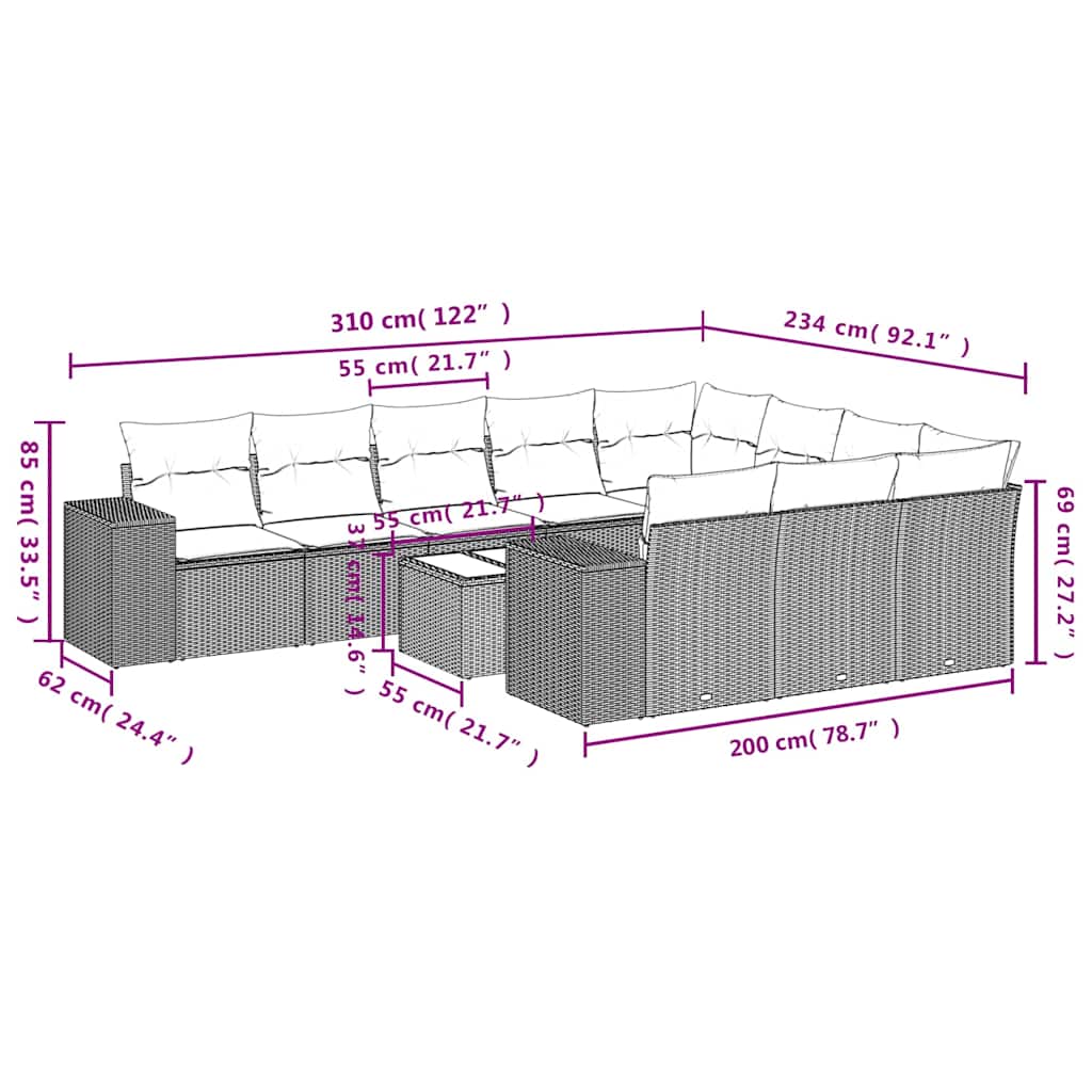 11-tlg. Garten-Sofagarnitur mit Kissen Hellgrau Poly Rattan
