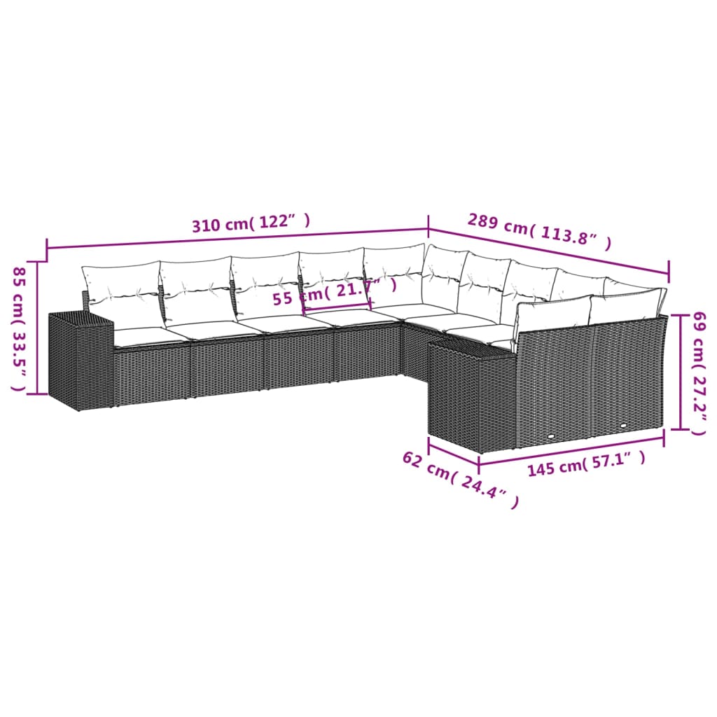 10-teiliges Gartensofa-Set mit Kissen, grau, Polyrattan