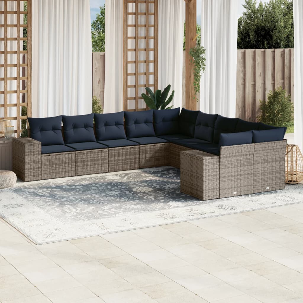 10-teiliges Gartensofa-Set mit Kissen, grau, Polyrattan