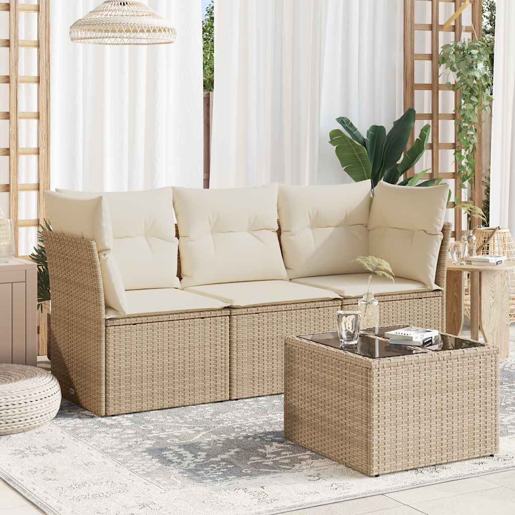 4-tlg. Garten-Sofagarnitur mit Kissen Beige Poly Rattan