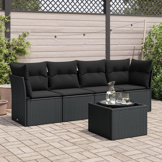 5-piece garden sofa set with cushions, black poly rattan