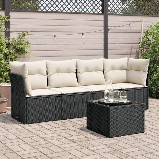 5-piece garden sofa set with cushions, black poly rattan