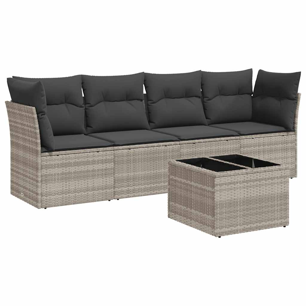 5-tlg. Garten-Sofagarnitur mit Kissen Hellgrau Poly Rattan