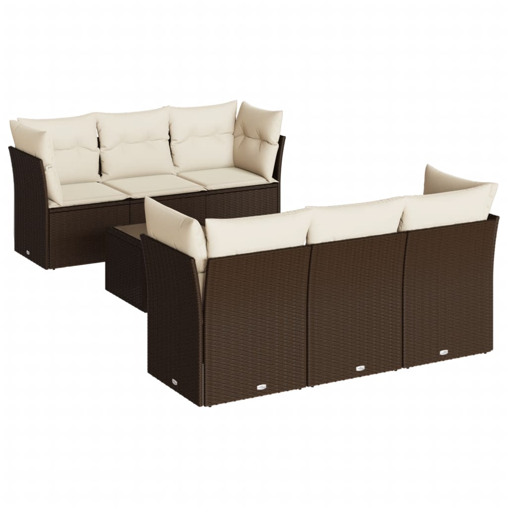 7-tlg. Garten-Sofagarnitur mit Kissen Braun Poly Rattan