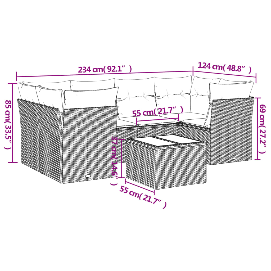 7-tlg. Garten-Sofagarnitur mit Kissen Braun Poly Rattan