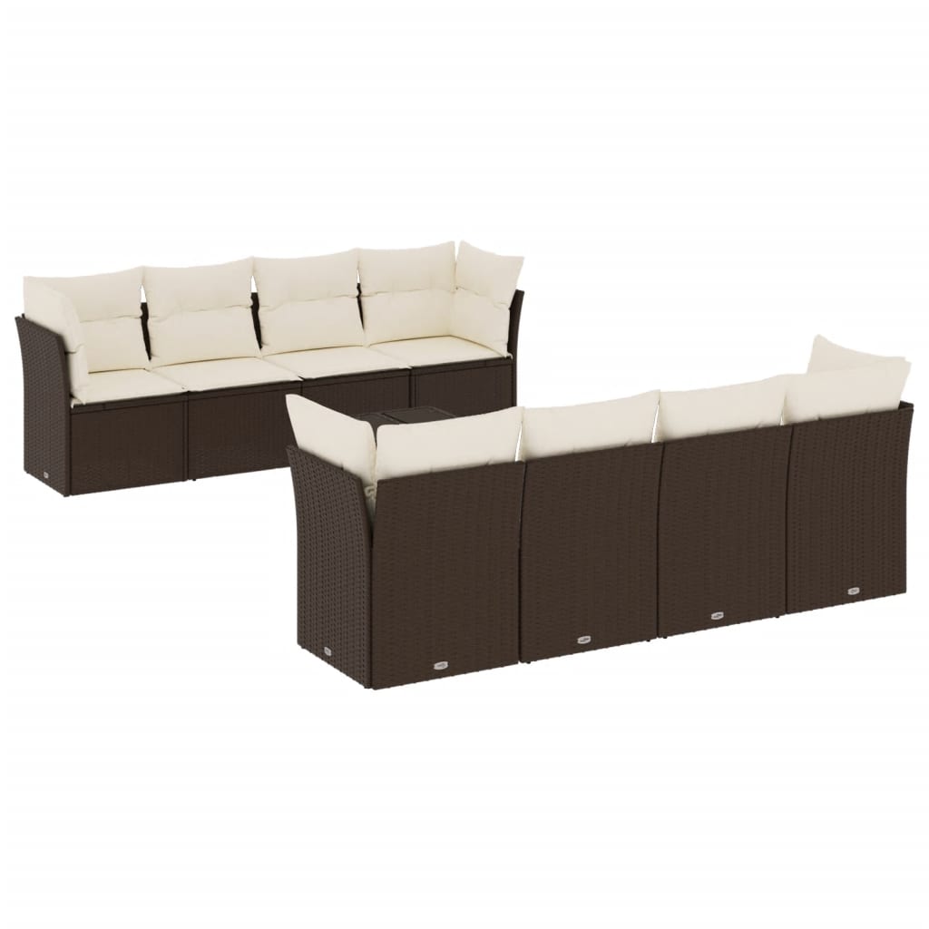 9-tlg. Garten-Sofagarnitur mit Kissen Braun Poly Rattan