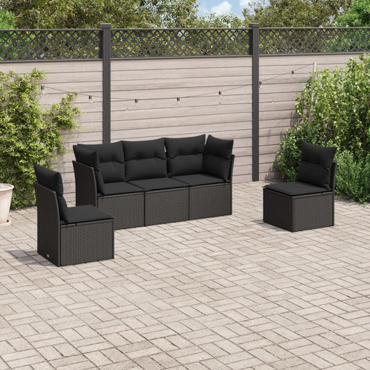 5-piece garden sofa set with cushions, black poly rattan