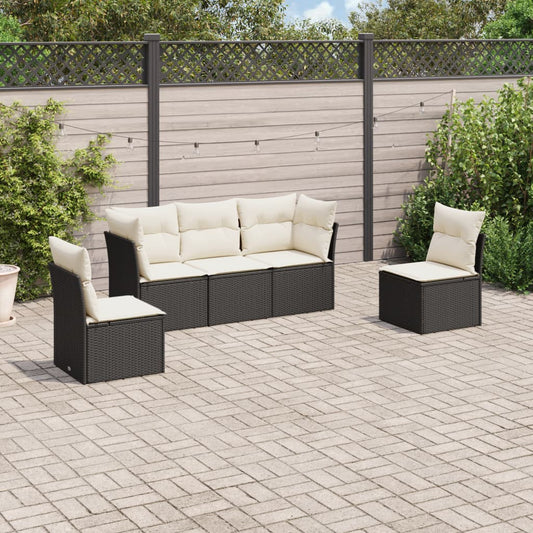 5-piece garden sofa set with cushions, black poly rattan