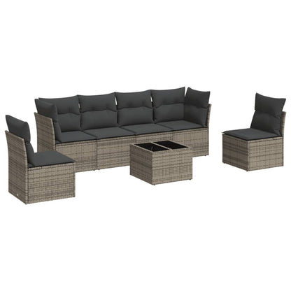 7-tlg. Garten-Sofagarnitur mit Kissen Grau Poly Rattan