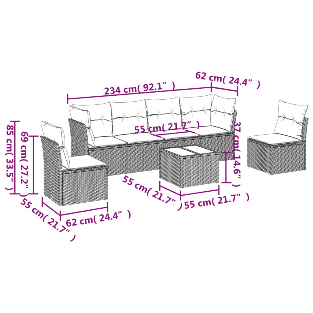 7-tlg. Garten-Sofagarnitur mit Kissen Braun Poly Rattan