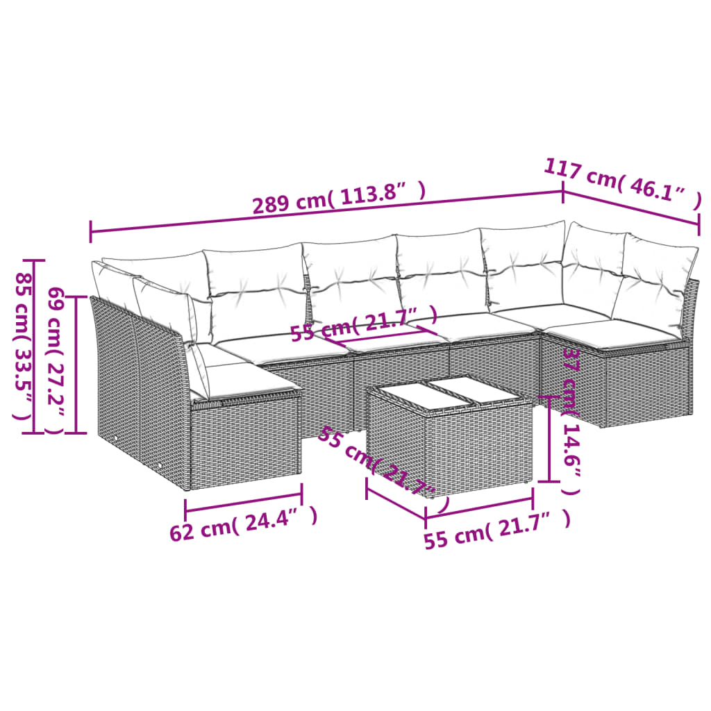 8-tlg. Garten-Sofagarnitur mit Kissen Schwarz Poly Rattan