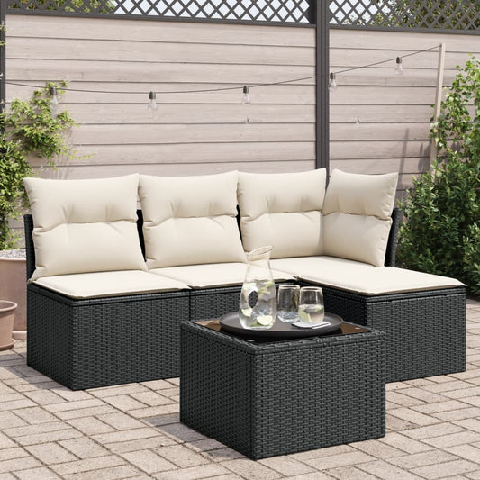 5-piece garden sofa set with cushions, black poly rattan