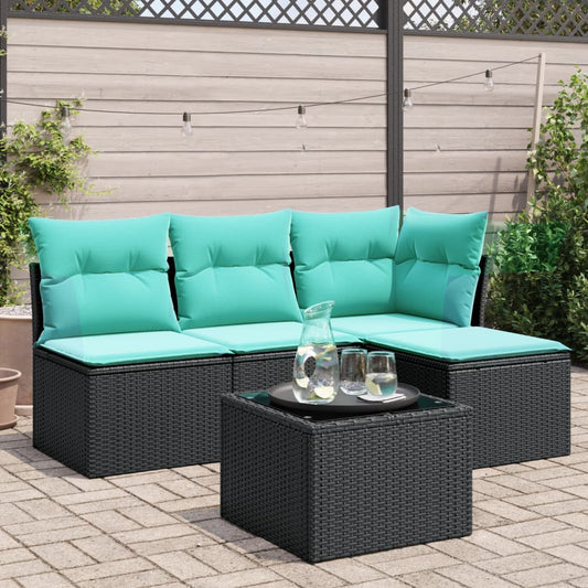 5-tlg. Garten-Sofagarnitur mit Kissen Schwarz Poly Rattan