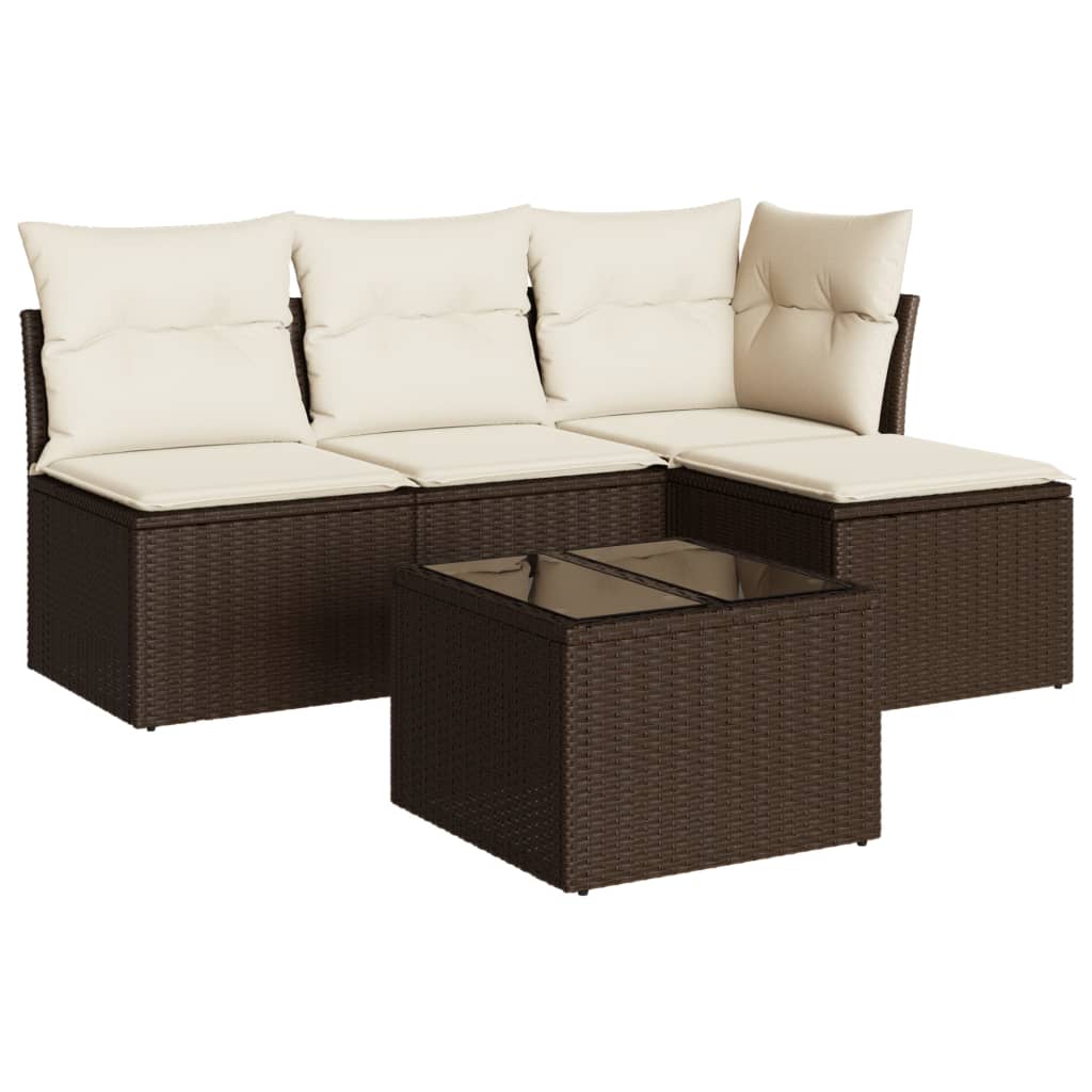 5-tlg. Garten-Sofagarnitur mit Kissen Braun Poly Rattan